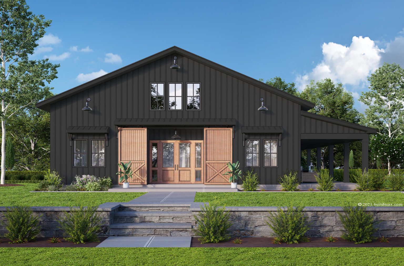 black barndominium house plan with large barn doors