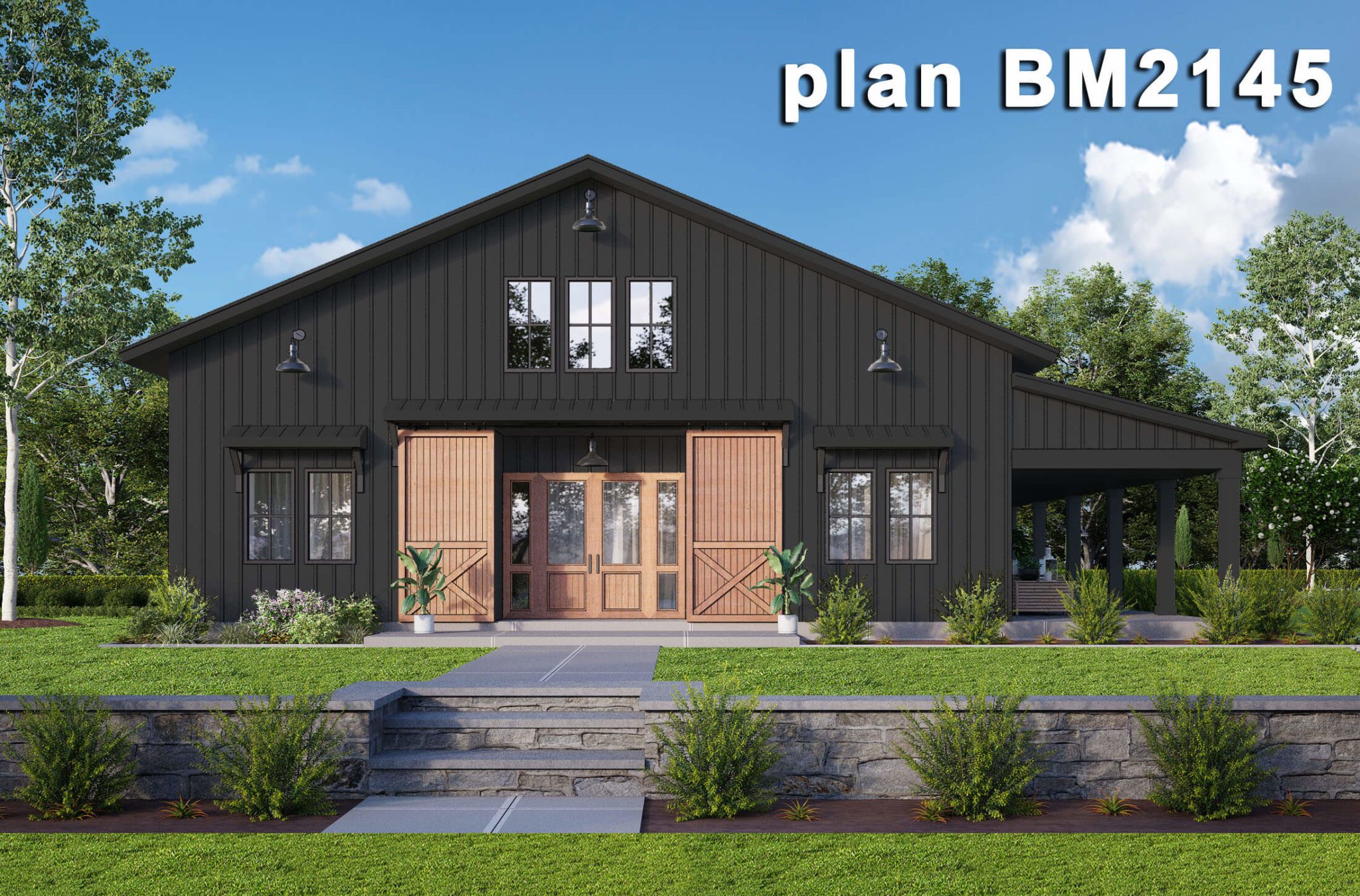 black barndominium style house plan with large barn doors