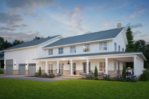 white barndominium shophouse with 3 car RV garage and wraparound porch