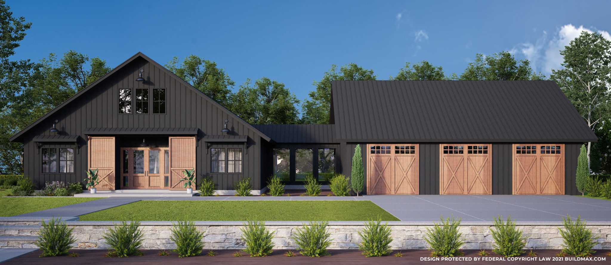 Black barndominium with breezeway and 3 car garage