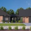 Black barndominium style house plan with 3 car garage and breezeway