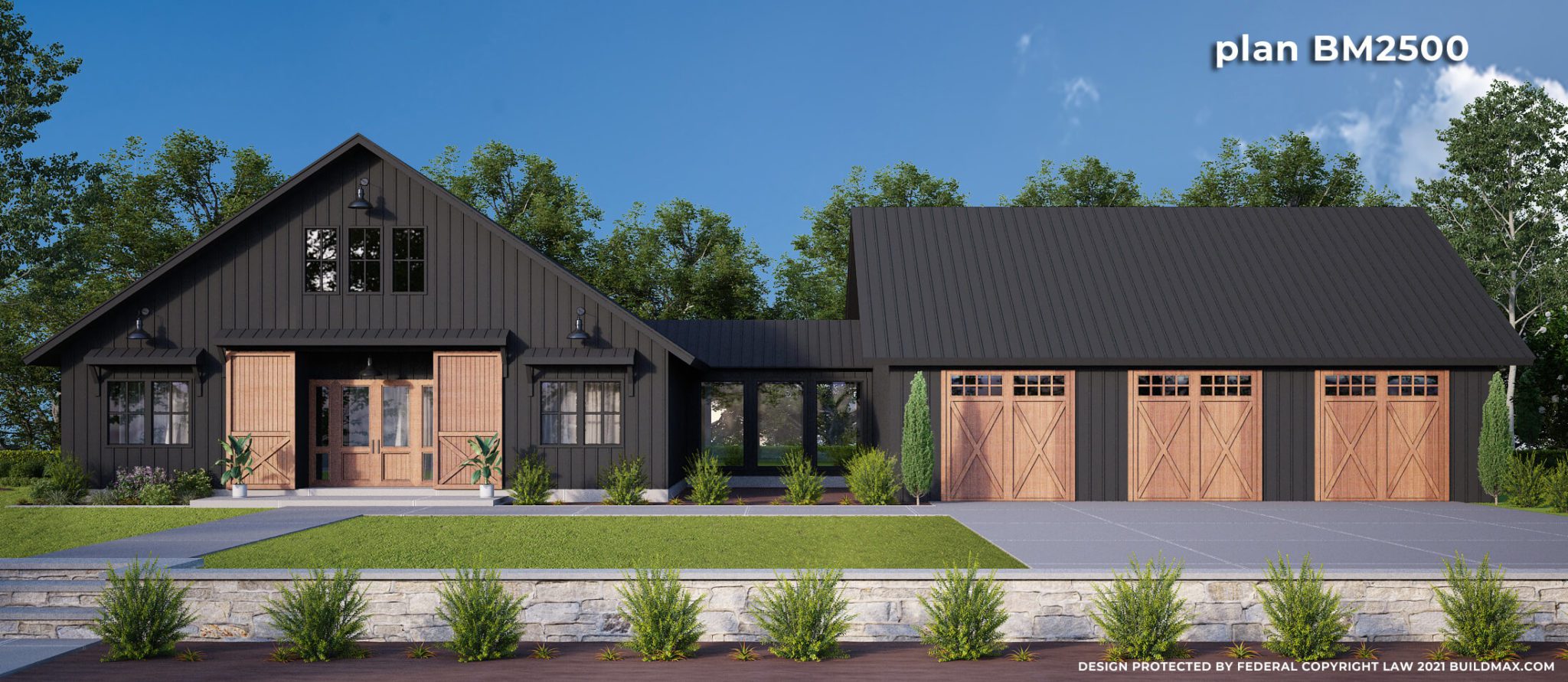 Black barndominium style house plan with 2 car garage