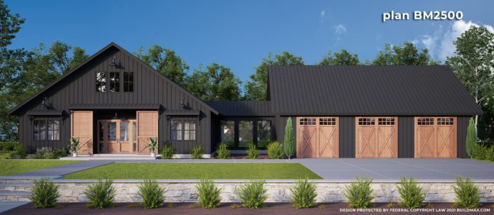 Black barndominium style house plan with 3 car garage and breezeway