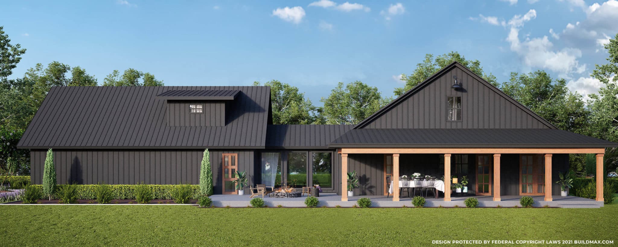 Black barndominium with 3 car garage and covered porch on the rear