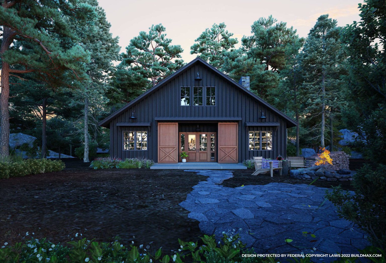 black cabin style barndominium with large barn doors leading to the entryway