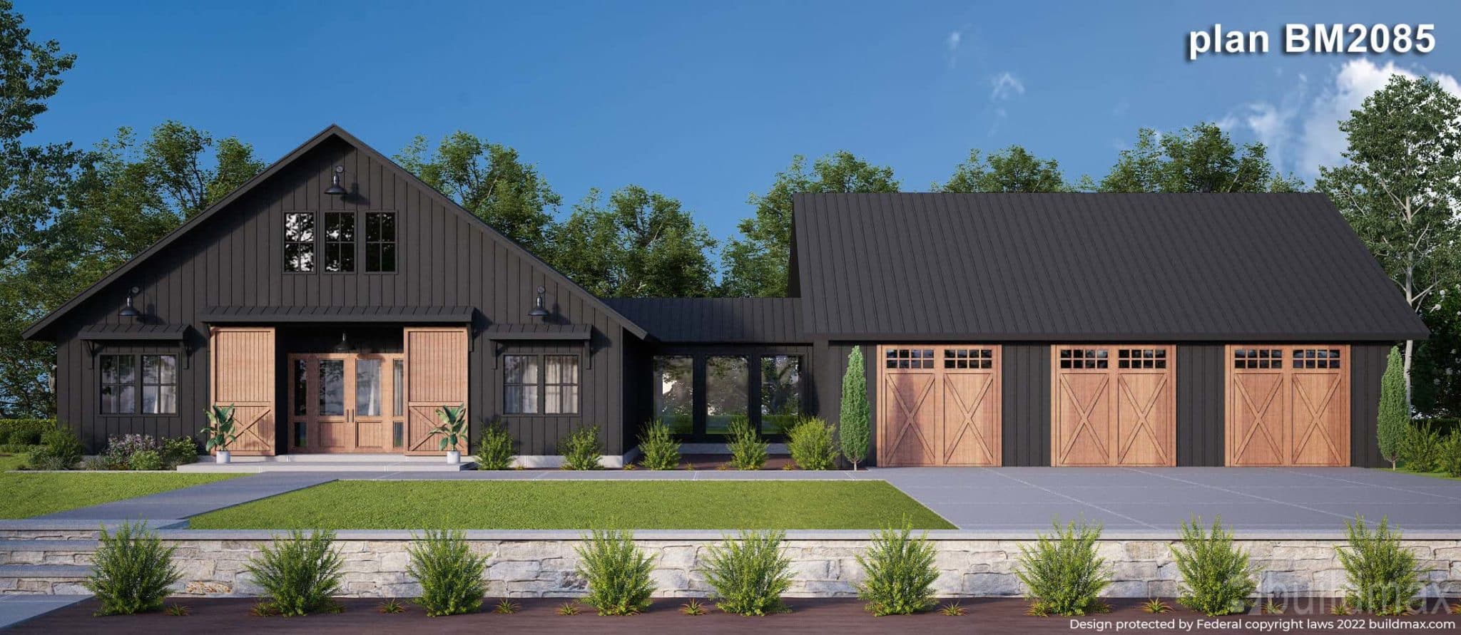 Black barndominium with 3 car garage, breezeway, and plants lining the front of the house