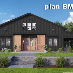 Black barndominium with large barn doors plants lining the front of the house