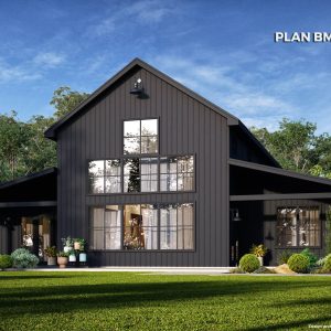 black barndominium with large windows on the front