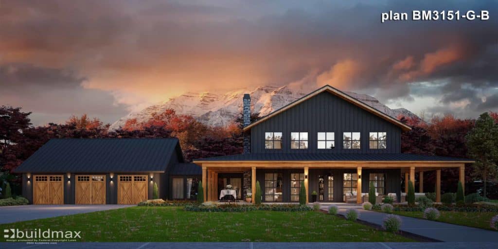 black barndominium with 3 car garage, wraparound porch, and mountains in the background