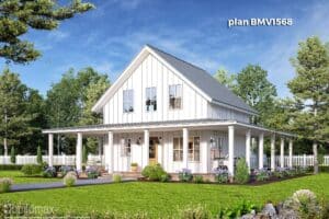 white barndominium floor plan with wraparound porch