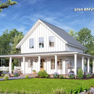 white barndominium floor plan with wraparound porch