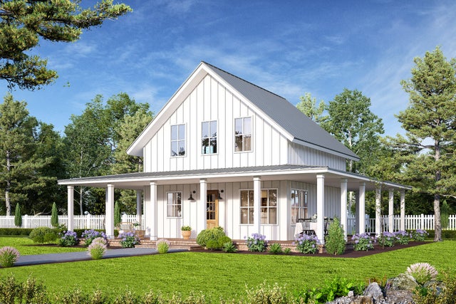 white farmhouse plan BMV2640 with wraparound porch