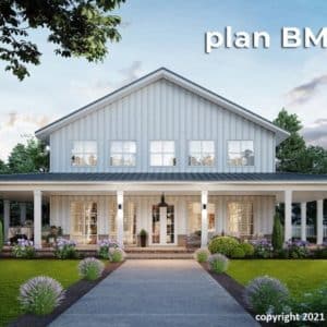 plan BM3945 white barndominium with wraparound porch and flowers lining the front of the home