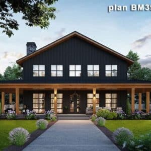 plan BM3945-B black barndominium with wraparound porch and flowers lining the front of the home