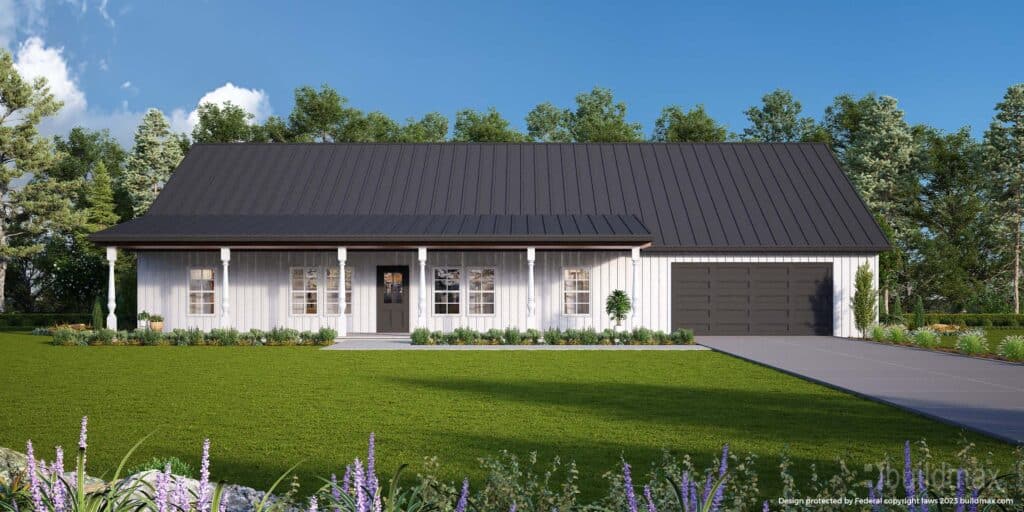white barndominium with grey roof and attached garage