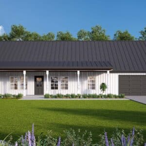 white barndominium with grey roof and attached garage