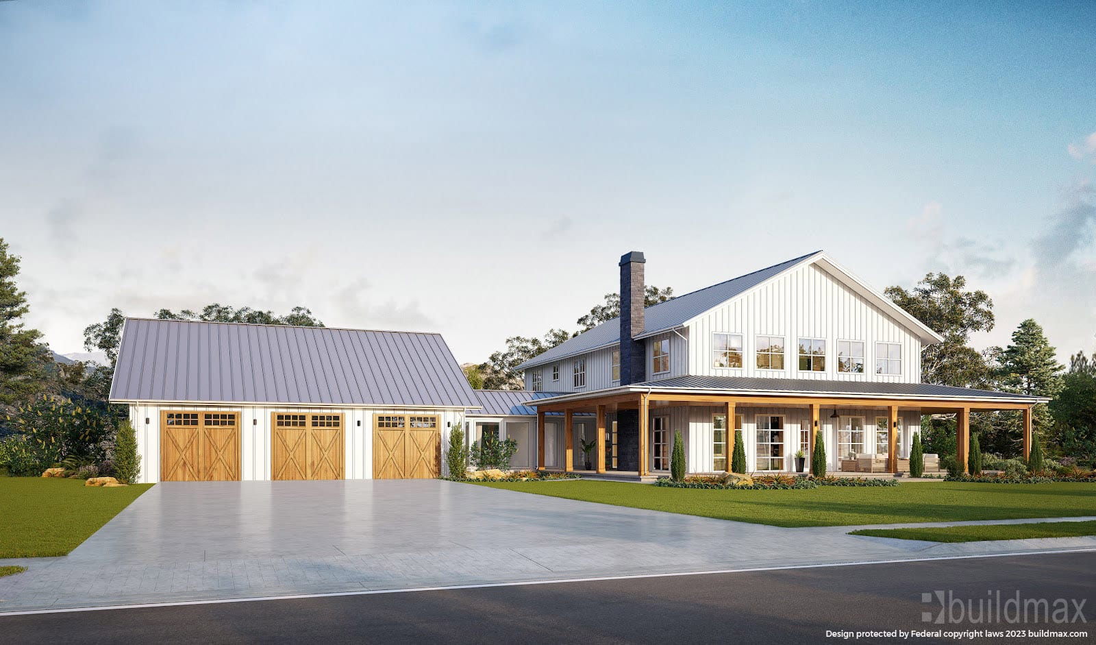 White barndominium with a garage that has three parking spaces
