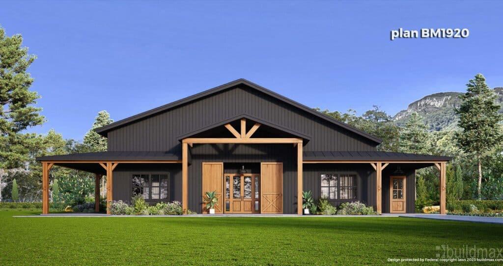 Spacious and modern black barndominium with a rustic touch
