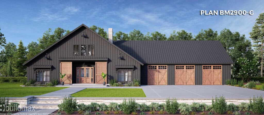 black barndominium with large barn doors and attached garage