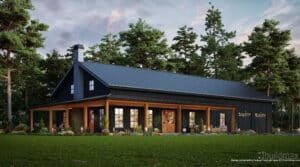 black barndominium with wraparound porch that has wooden posts