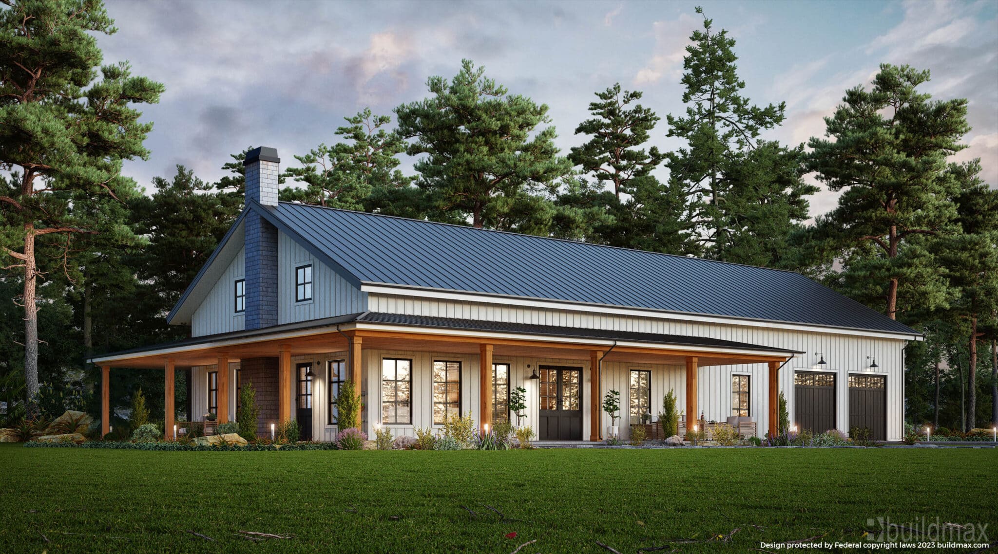 white barndominium with wraparound porch and 2 car attached garage