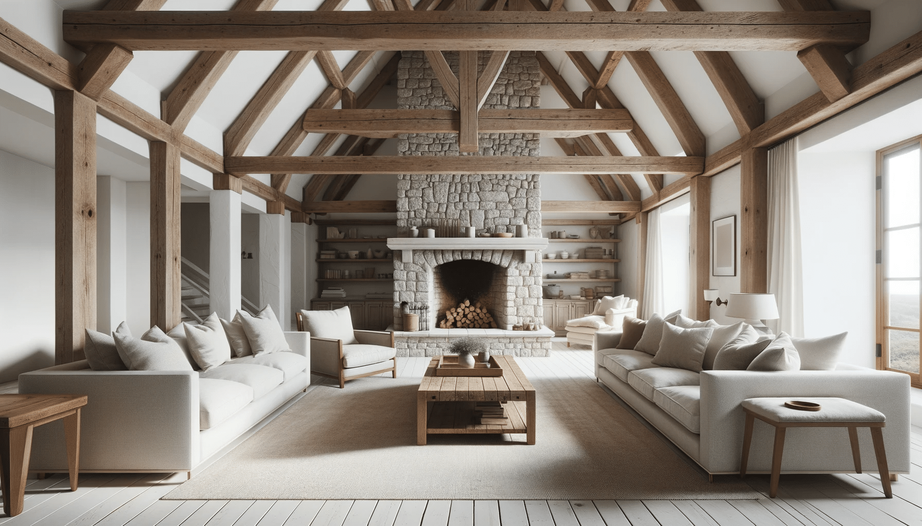 Spacious living room with exposed beams and a fireplace
