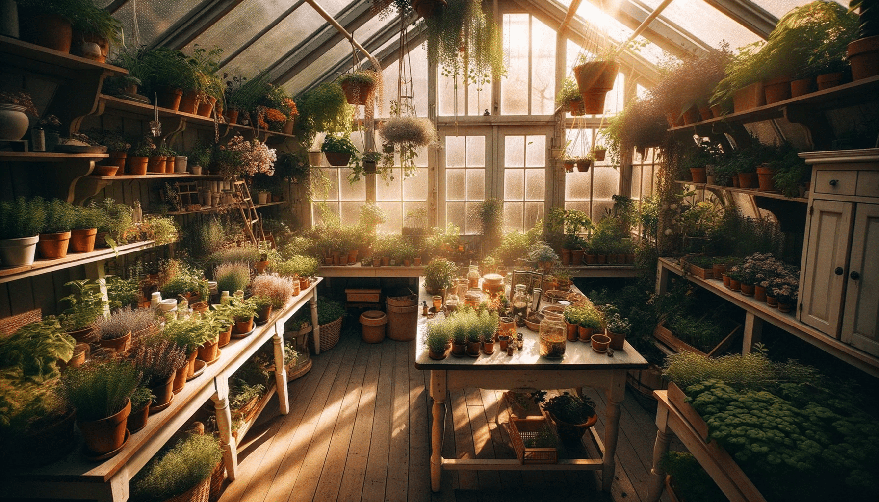 indoor greenhouse with plants spread out over tables
