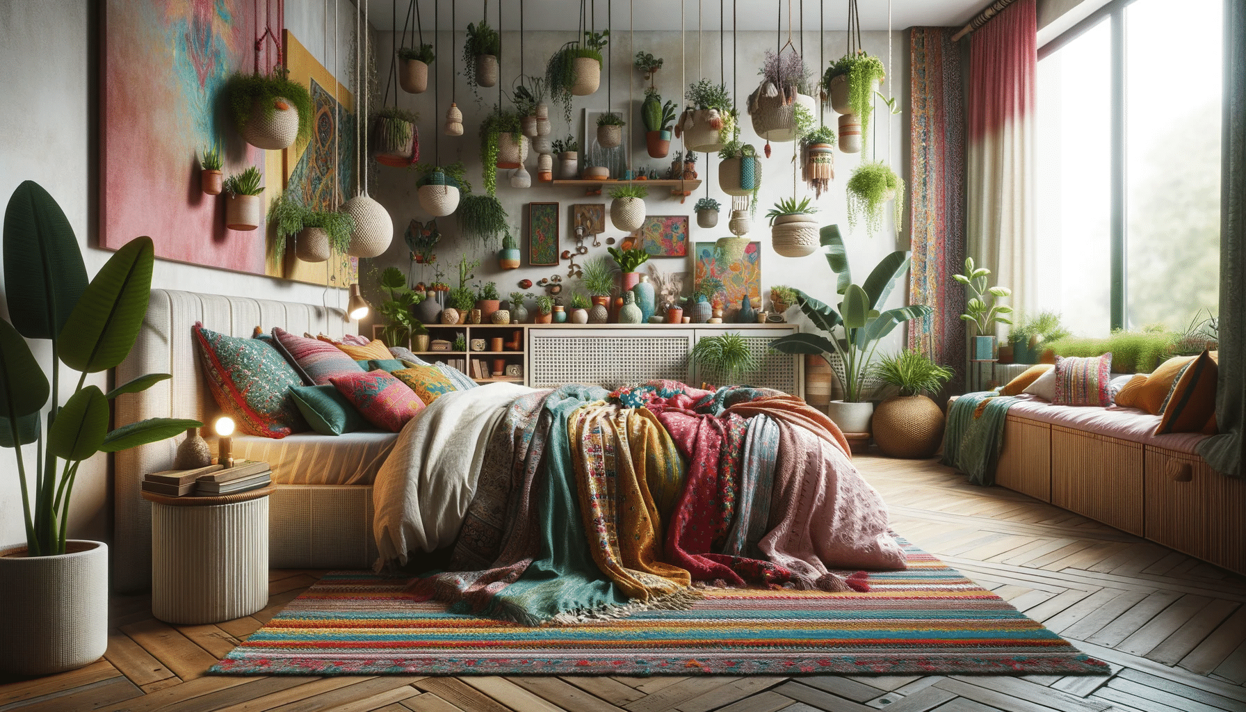 bohemian style bedroom with potted plants hanging from ceiling