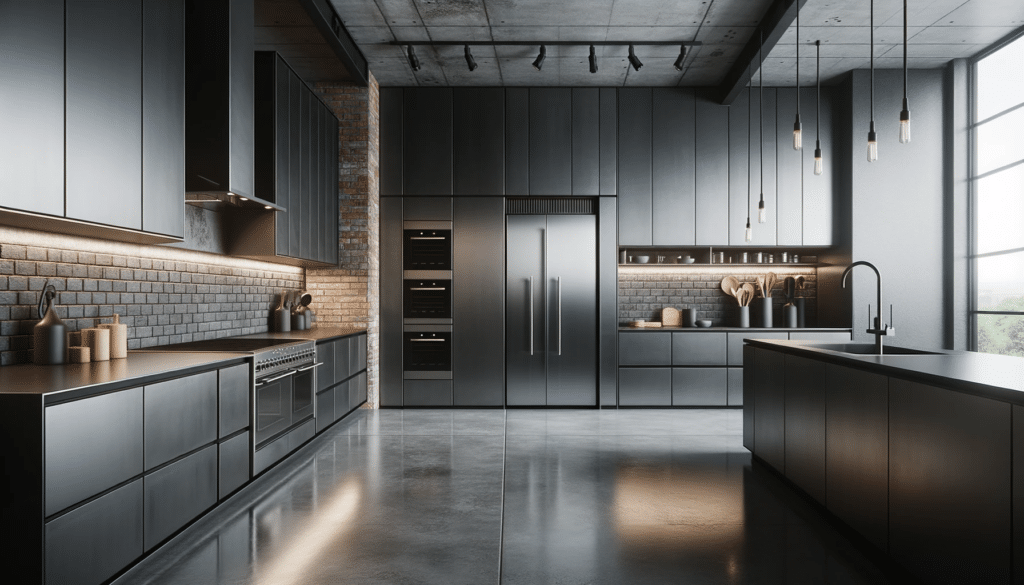 Industrial style kitchen with black cabinetry and brick walls