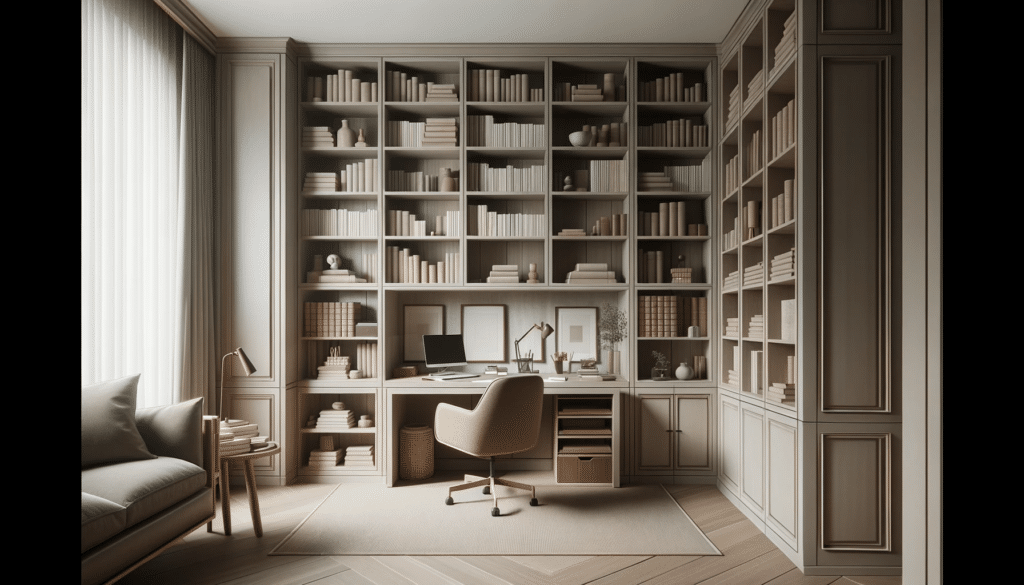study with bookshelves in muted tones