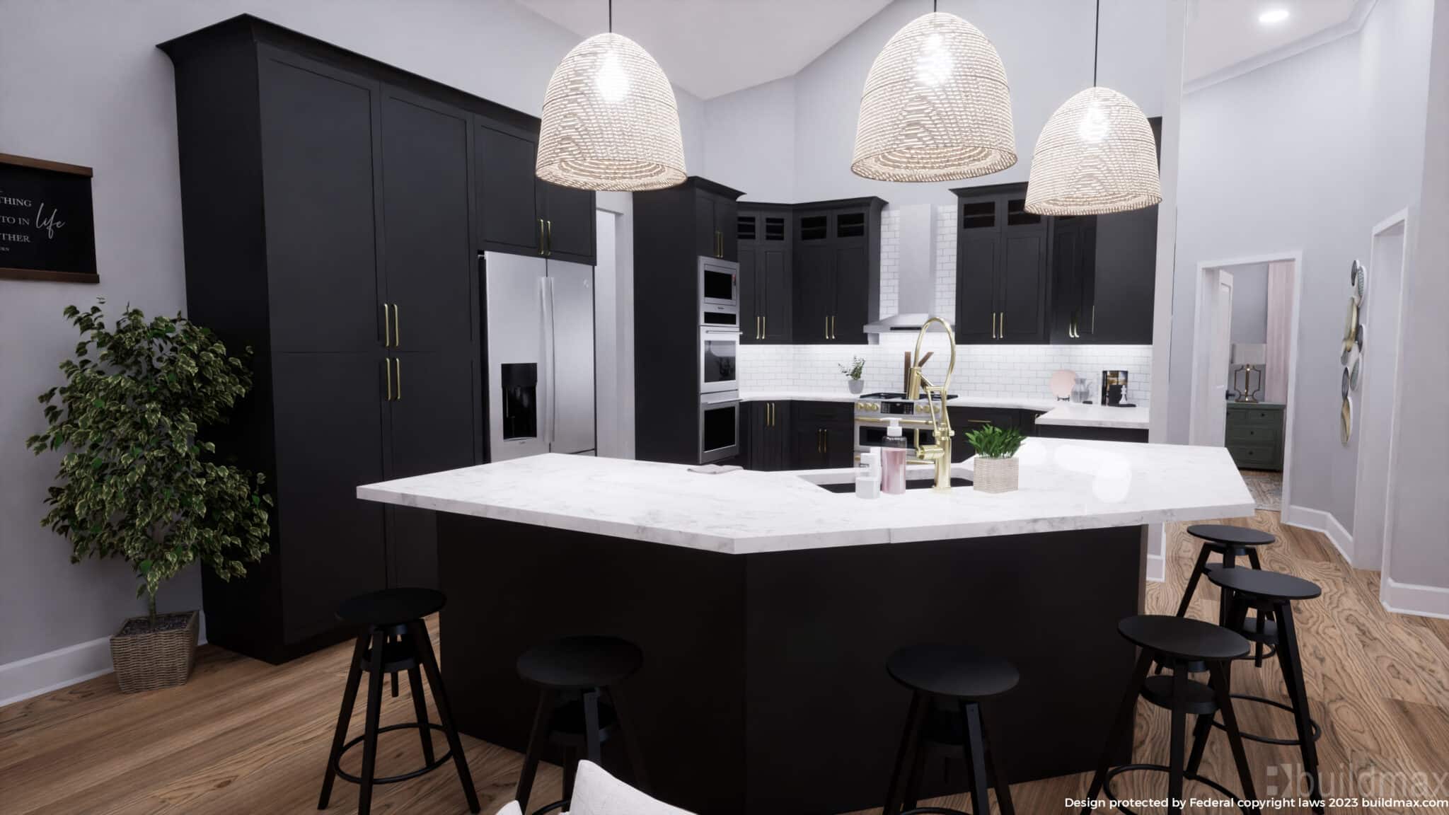 kitchen with black cabinets and white countertops