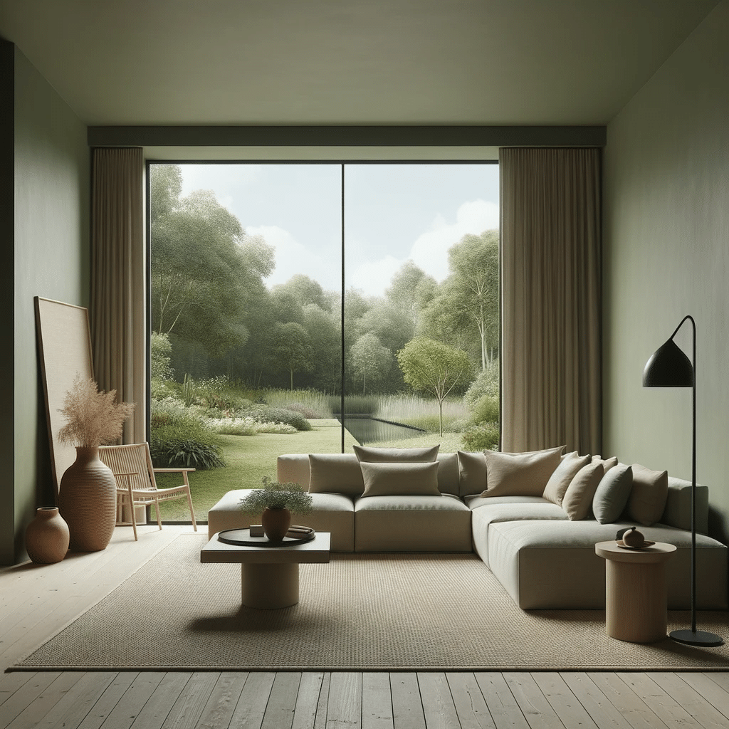 living room in earthy tones with large window looking out into nature