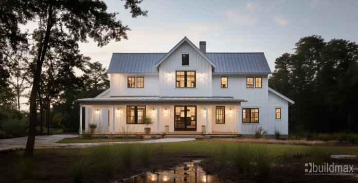 white barndominium with silver roof