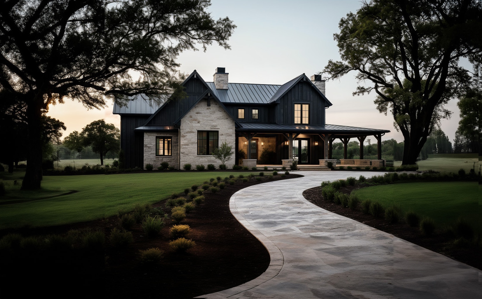 black barndominium with wraparound porch and stone