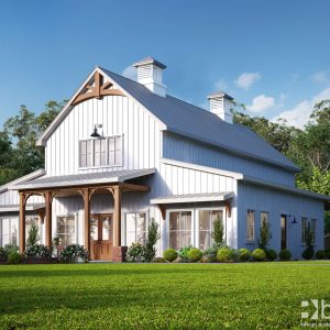 white barndominium with cupolas