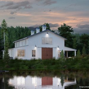 white barndominium with cupolas by a lake