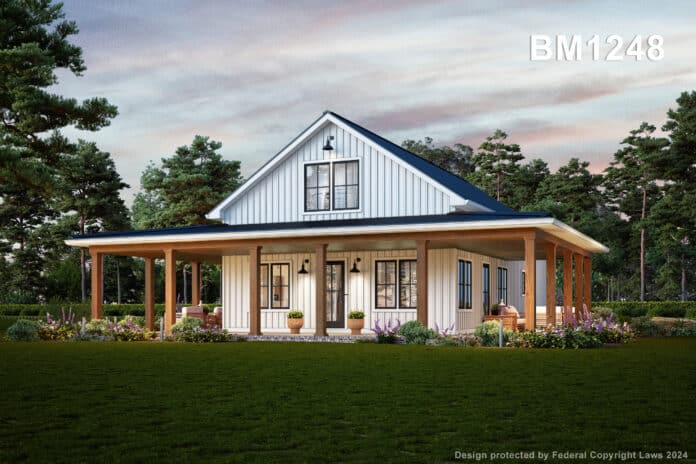 white barndominium with wraparound porch