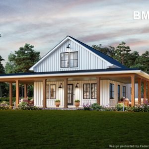 white barndominium with wraparound porch