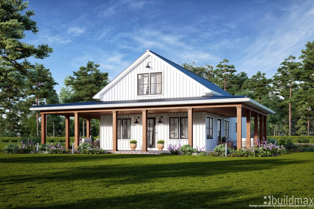 white barndominium with wraparound porch