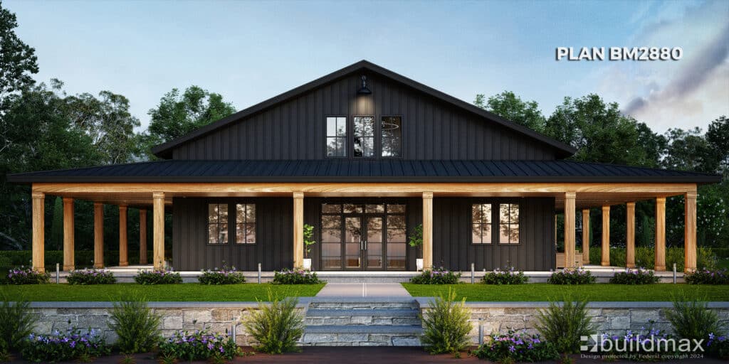 black barndominium with wraparound porch set in dusk