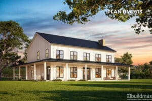 white barndominium with wraparound porch