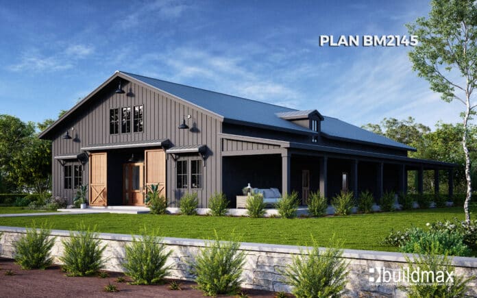 black barndominium with large porch