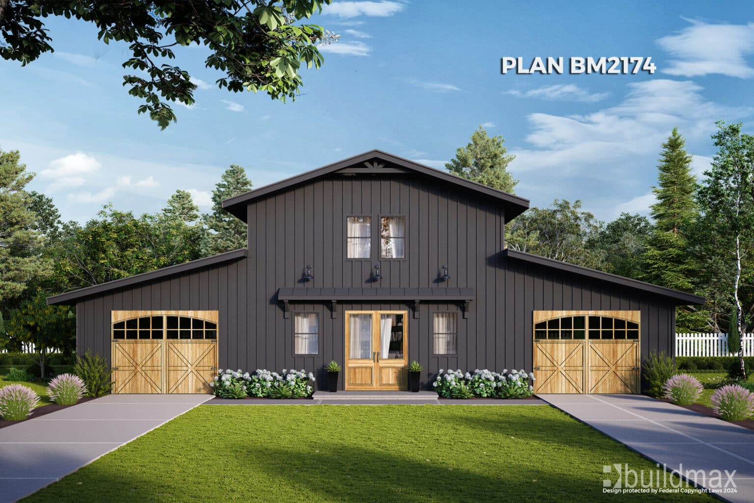 black barndominium with wooden doors