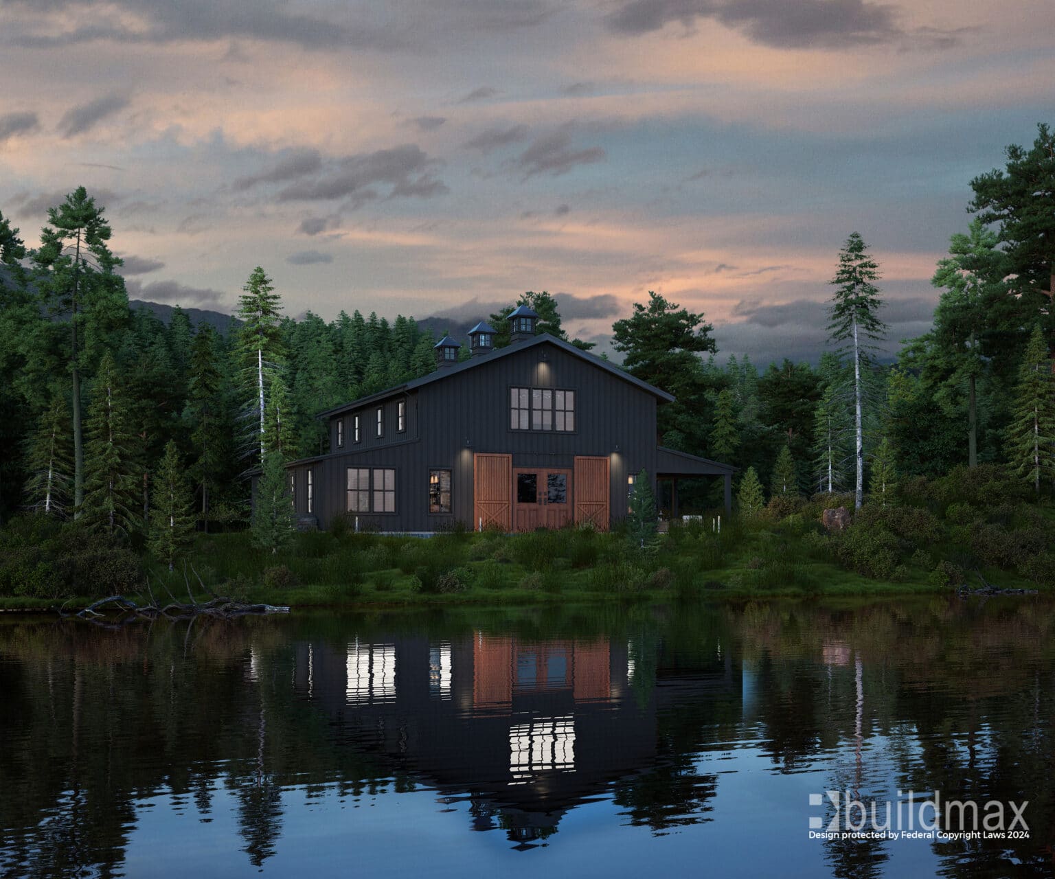 black barndominium with cupolas by a lake