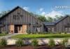 Classic Barndominium Designs That Will Never Go Out of Style black barndominium with large barn doors and breezeway leading to garage