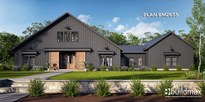 black barndominium with large barn doors and breezeway leading to garage