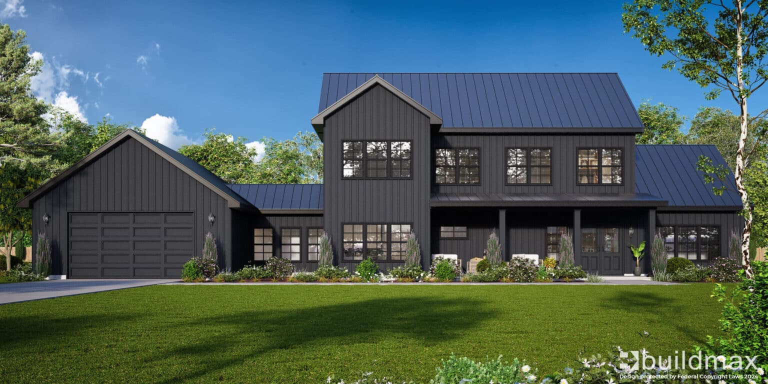 black barndominium with garage