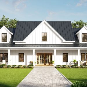white farmhouse with black roof with a stone walkway leading up to the front porch