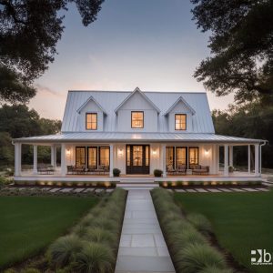 white farmhouse with a wraparound porch set in the countryside with a long walkway leading up to the porch