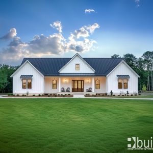 white farmhouse with dark colored roof set in the countryside